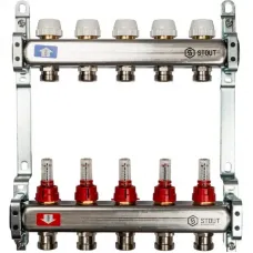 Stout SMS 0917 000005 Коллектор из нержавеющей стали с расходомерами 1"/3/4"x5 Stout SMS 0917 000005 Коллектор из нержавеющей стали с расходомерами 1"/3/4"x5